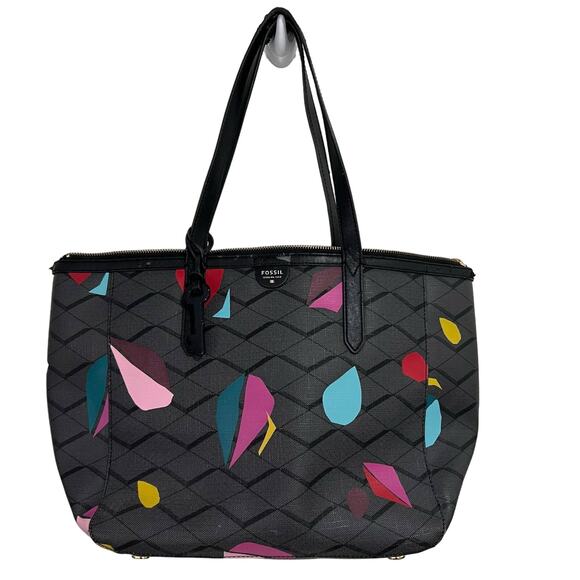 Fossil Sydney Tote Bag Purse  Gray Coated Geometric  Black Multi - Picture 1 of 14